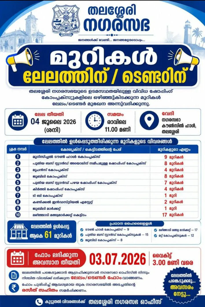തലശ്ശേരി നഗരസഭ മുറികള്‍ ലേലത്തിന് /ടെണ്ടറിന്